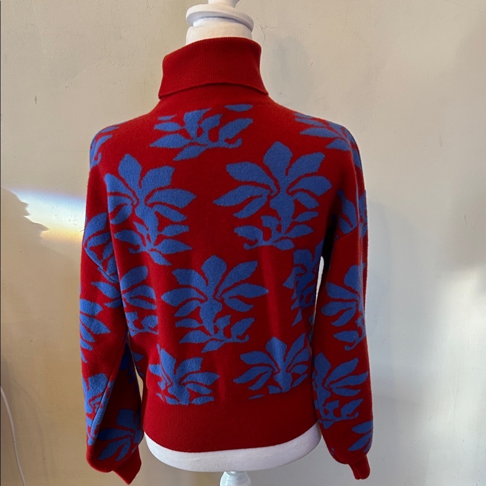 Rhode Cara wool jacquard Red Blue Floral Turtleneck Sweater Size S EUC - Picture 4 of 6